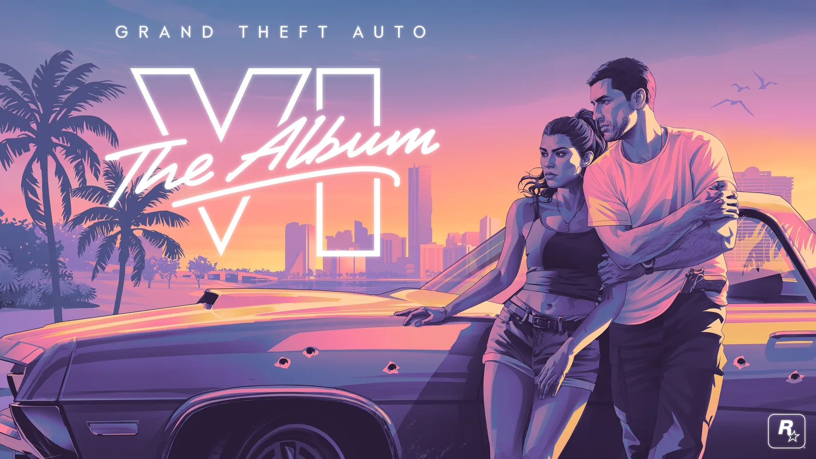 Offizielles Cover von Grand Theft Auto VI: The Album: Jason und Lucia lehnen an einem Auto mit Einschusslöchern vor der Skyline von Vice City